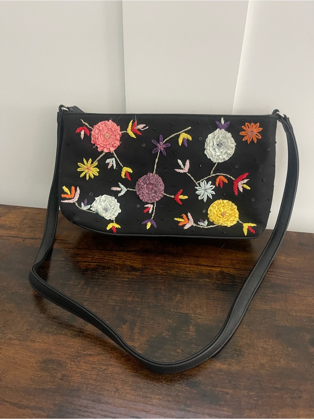 Black Floral Embroidered Crossbody Bag - Women's Shoulder Bag